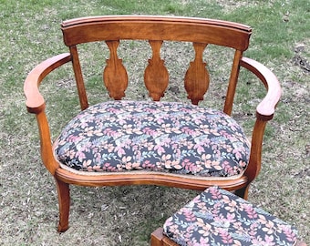 Antique Arrowback Wood Settee Sitting Upholstered Bench w/ Matching Footstool EA87