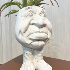 May include: White ceramic planter shaped like a person with a funny face and legs. The planter has a green air plant growing out of the top.