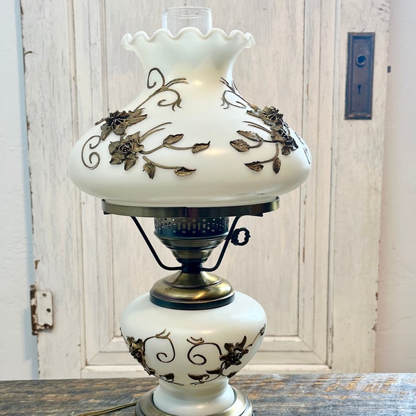 Vintage Milk Glass Hobnail Base Hurricane Table Lamp Raised Floral Brass Accents Cottage Accent Parlor Bedside EO94