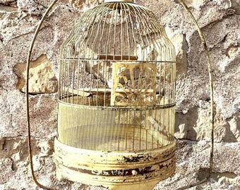 Antique Yellow Birdcage with Stand: Country Cottage Garden Decor