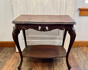 Antique Wood Walnut Parlor Entryway Center Table Carved Detail Living Room Furniture