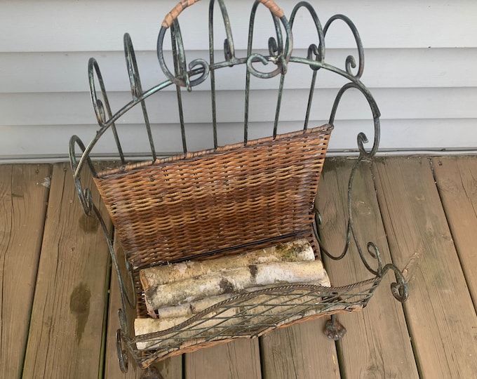 Vintage Log Carrier, Iron & Wicker Log Holder, Kindling, Log Firewood