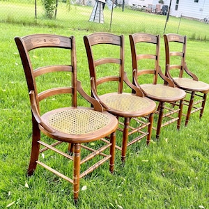 Antique Wood Cane Seat Ladderback Side Chairs, Set of 4, French Country Farmhouse Dining Side Chairs FG36