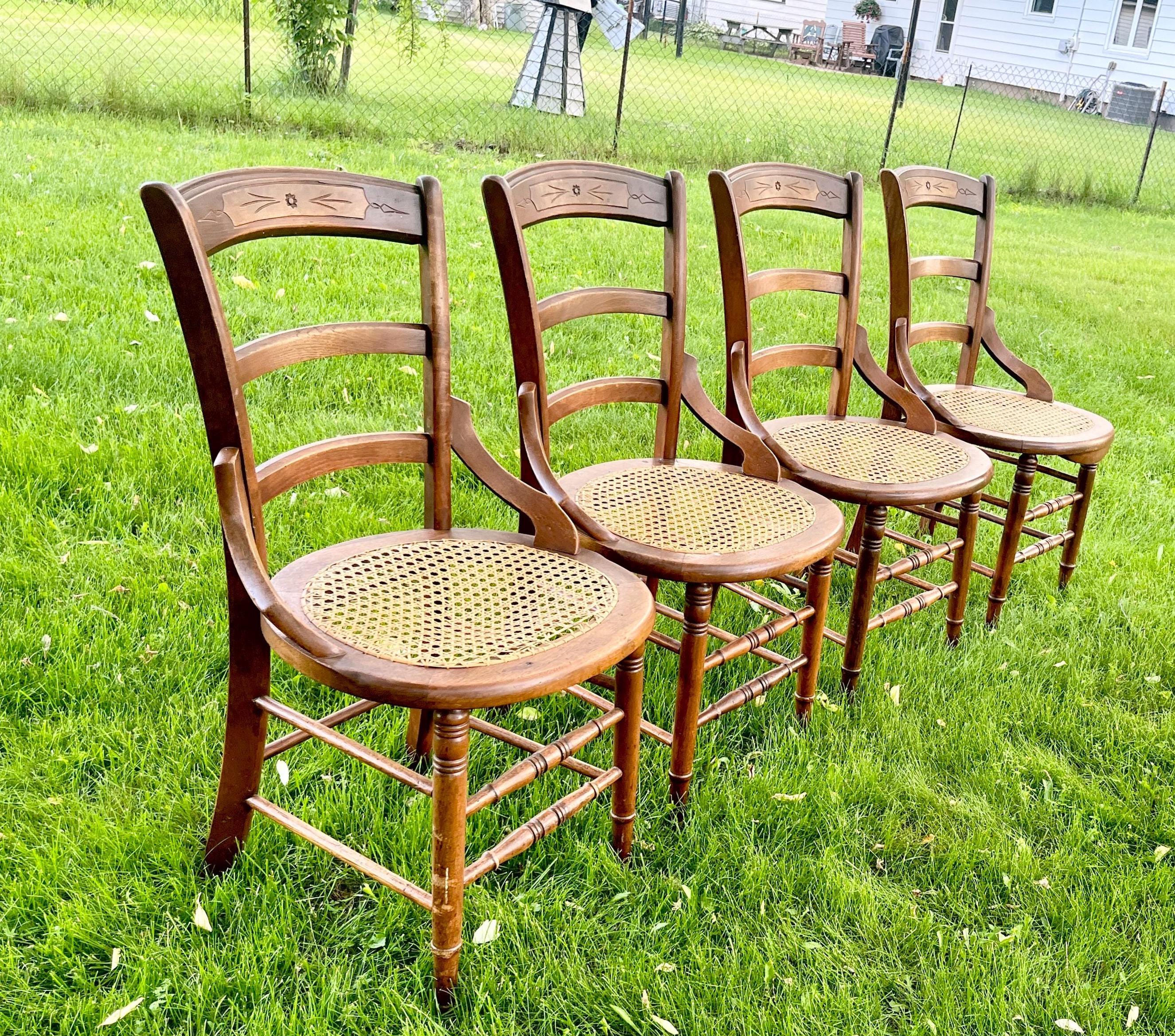 Antique Wood Cane Seat Ladderback Side Chairs, Set of 4, French Country Farmhouse Dining Side Chairs FG36