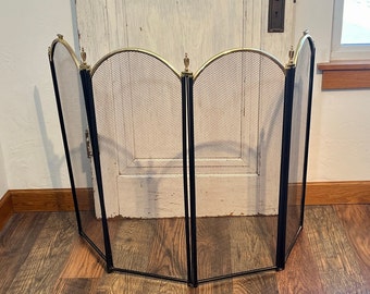 Vintage Brass Finish Fireplace Metal Screen Four Panel Adjustable EO9