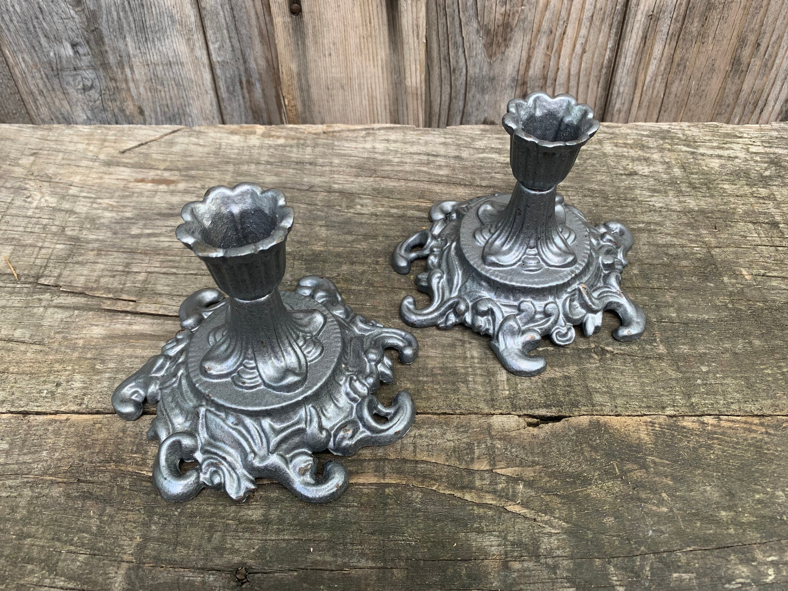 Antique Cast Iron Ornate Candlestick Candleholders Set of 2 Etsy UK