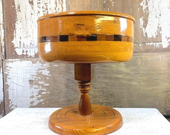 Vintage Wood Bowl Compote on Pedestal, Wood Plant Holder, Handcrafted DJ51