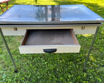 Antique Dining Table, Porcelain, Enamel, Farm, Kitchen Table, Retro, 1940's, Chrome Legs, Slide Out DM55