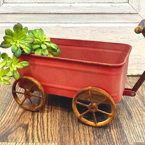 Rustic Red Metal Wagon for Decor Farmhouse Garden Porch Yard Art Planter
