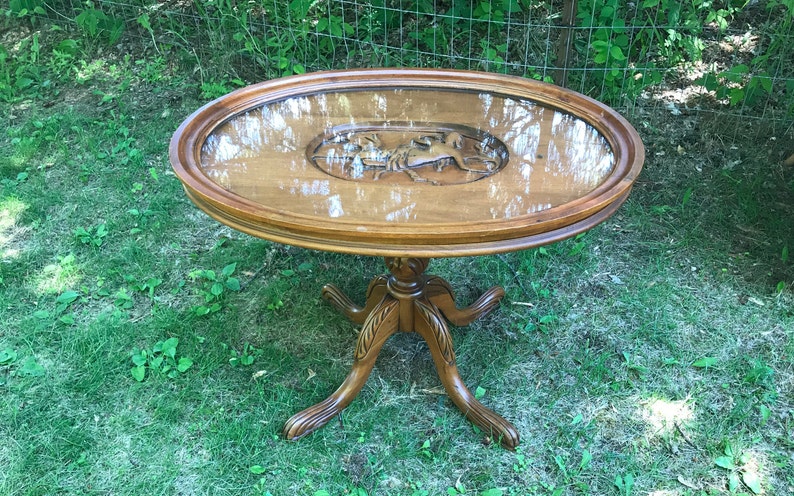 Antique Wood Coffee Table W Glass Removable Top Tray Carved Dess Angel Oval Small Numbered Ornate Hun
