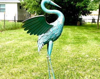 Crane Heron Outdoor Garden Statue w/ Wings, Outdoor Metal Yard Art, Pond Decor