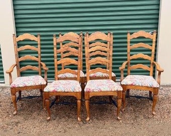 Antique Oak Wood Ladderback Upholstered Seat Dining Chairs, Set of 4 NOT FREE SHIP EL70