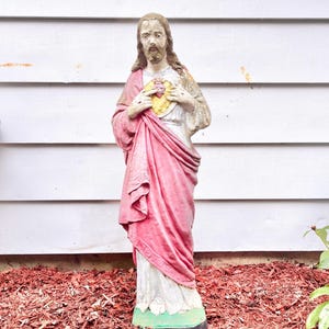Antique Concrete Sacred Heart Jesus Statue - Christian Garden Art