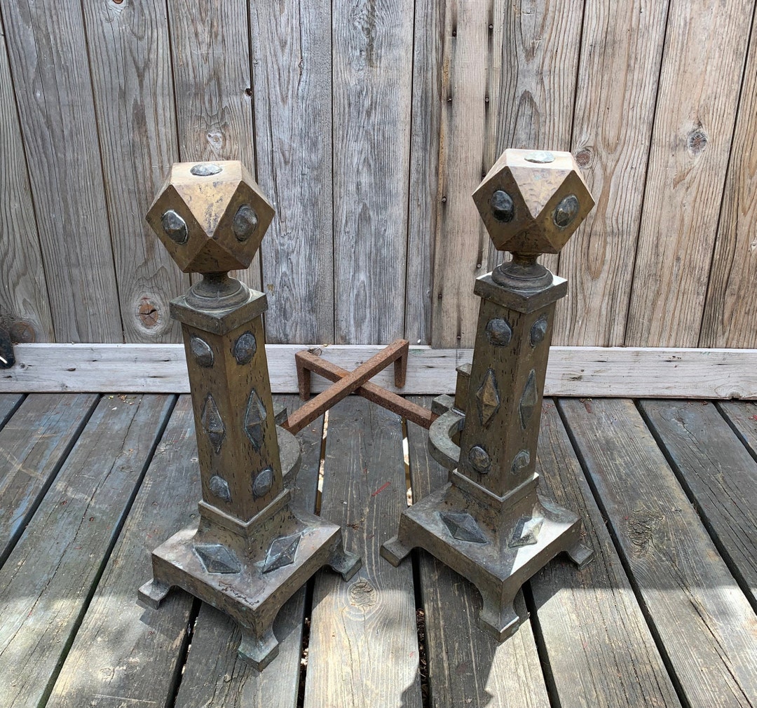 Antique Ornate Brass Geometric Andirons Cast Iron Wood Log Etsy