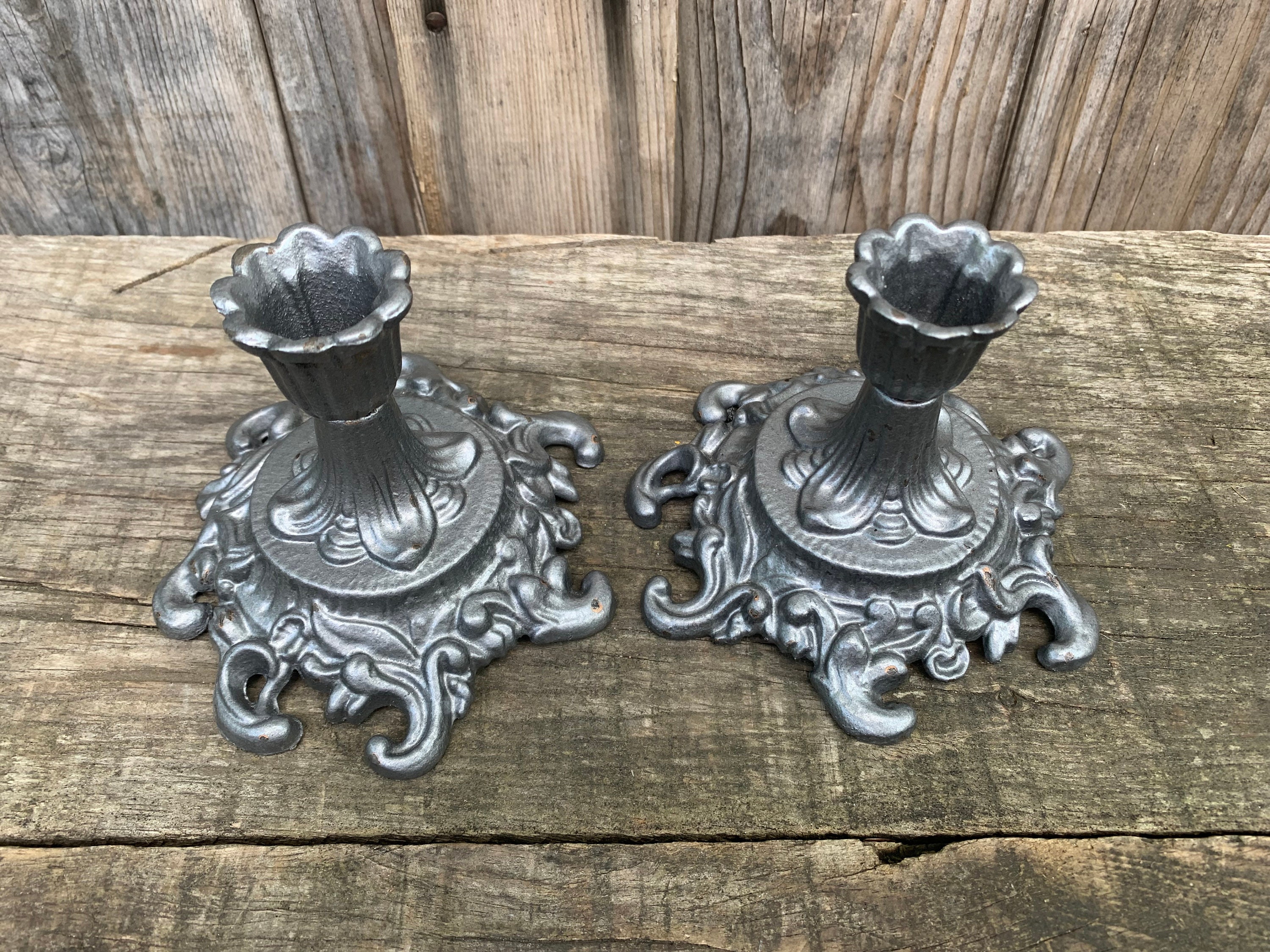 Antique Cast Iron Ornate Candlestick Candleholders Set of 2 Etsy UK
