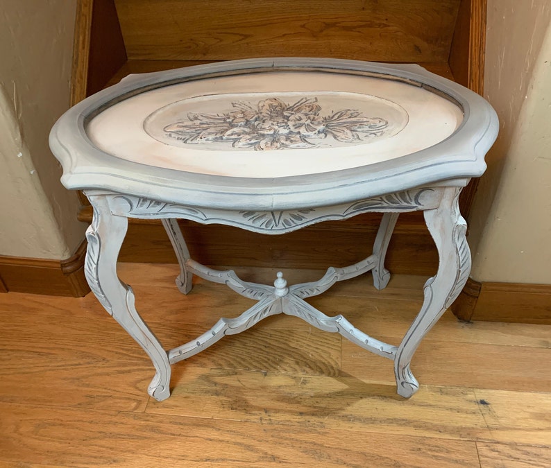 Antique Oval Wood Coffee Tea Table w/Glass Top Serving Tray Etsy