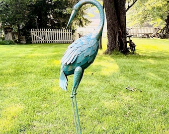 Aged Metal Blue Heron Bird Statue Outdoor Garden Stake Yard Art Lawn Decor FG87
