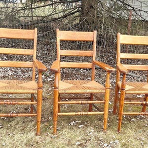 Antique Oak Captain Chairs - Ladderback Rush Seat Dining Set