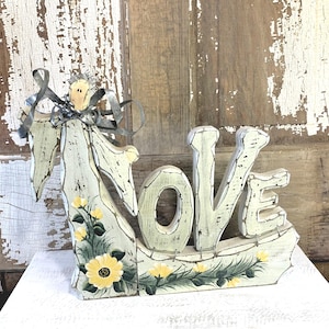 Vintage Angel of Love Wood with Flower Sign Shelf Tabletop Decor Handcrafted DG7