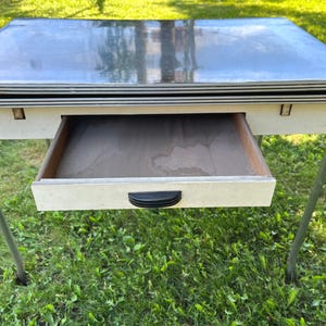 Antique Black Enamel Kitchen Dining Table w/ Slide Out Leaves Chrome Legs