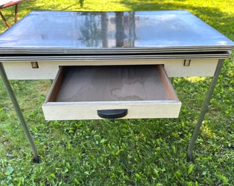 Antique Black Enamel Kitchen Dining Table w/ Slide Out Leaves Chrome Legs