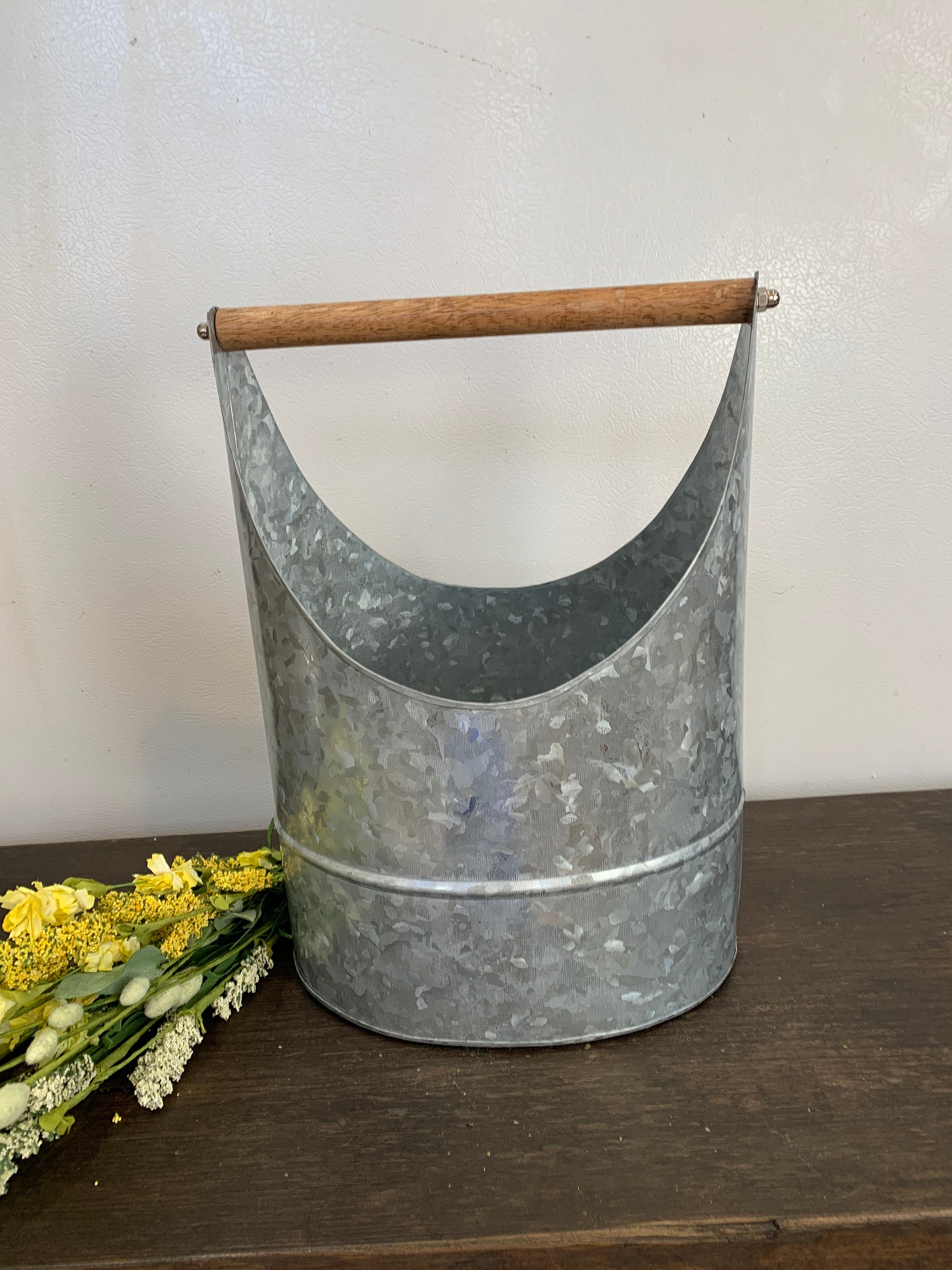 Galvanized Metal Basket with Wood Handle Etsy