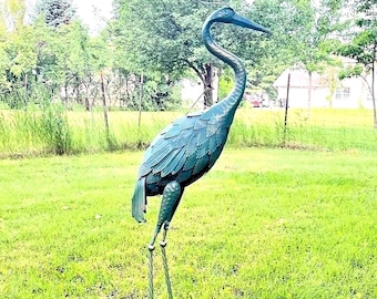 Aged Blue Heron Crane Statue, Outdoor Bird Garden Art, Yard Art
