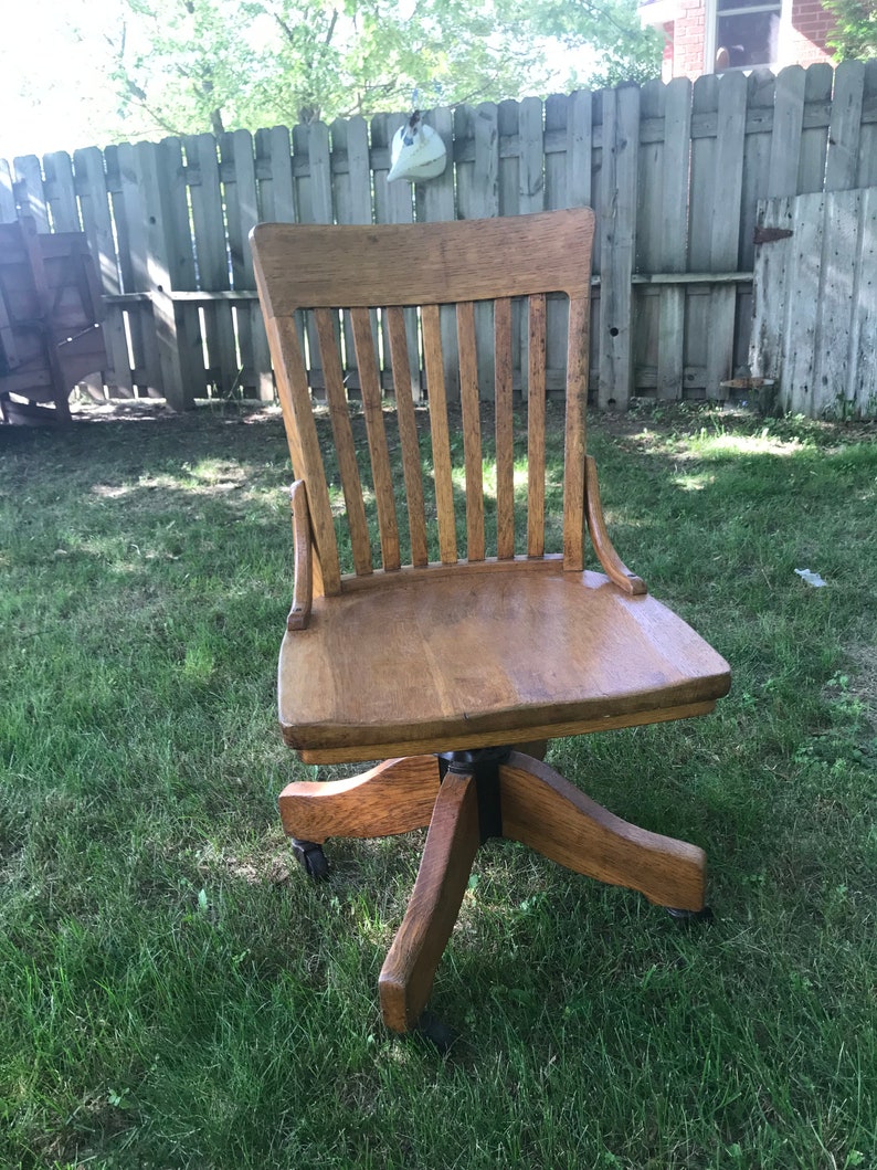 Antique Office Desk Chair Solid Wood Library Oak Swivel Tilt Rolling Furniture Banker Rocking Adjule Height And Cast Iron