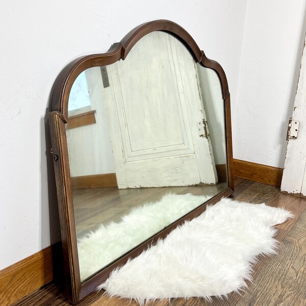 Vintage Large Dark Walnut Scalloped Wall Mirror, Silver Foxed Mirror, Large Oak Wood Mirror, Silvered Wall Mirror FC12