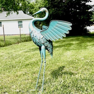 Metal Blue Heron Outdoor Statue w/ Wings Garden Lake Pond Aged Yard Art Decor