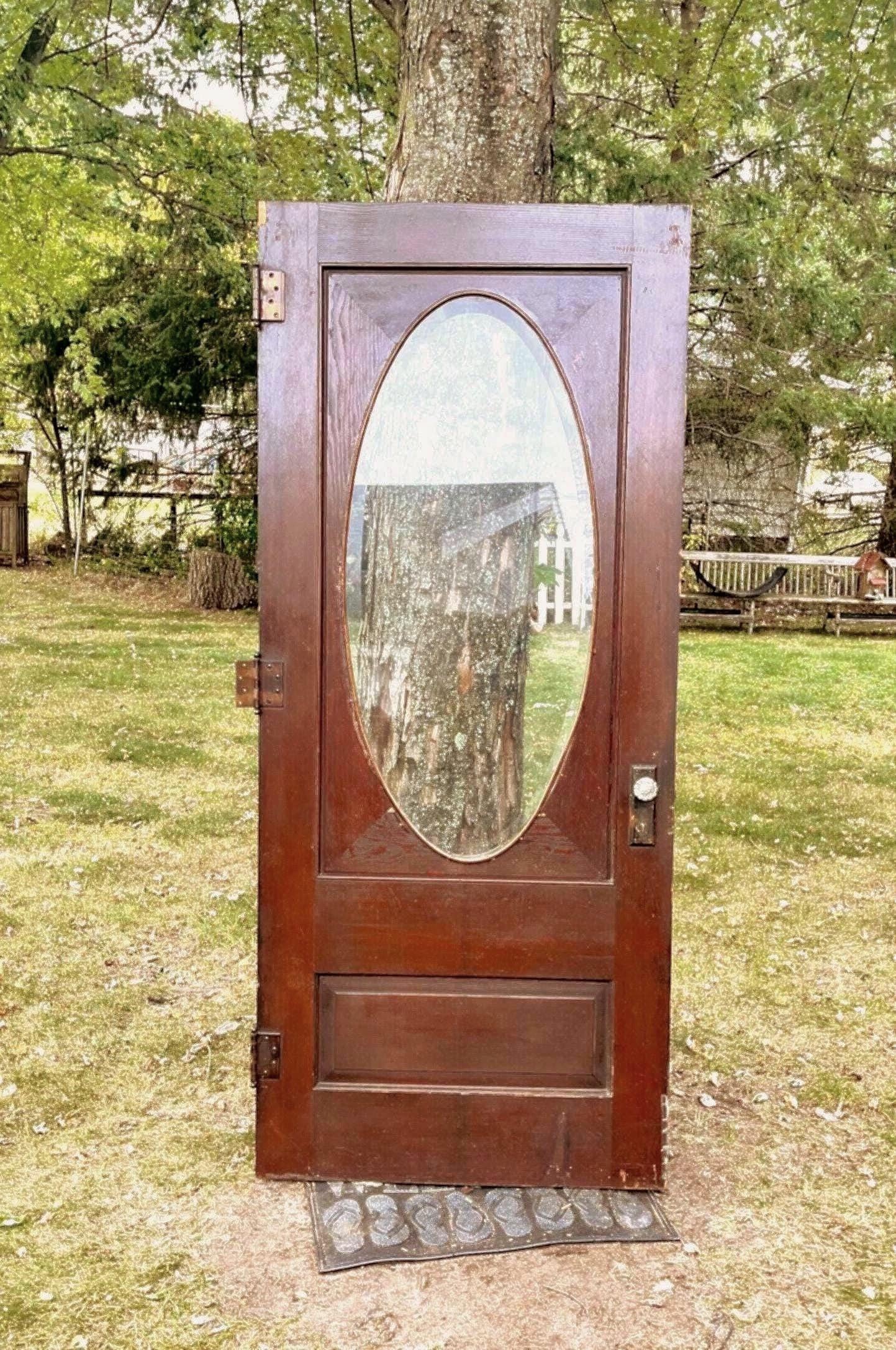 Antique Oval Beveled Glass Wood Entry Exterior Door, Architectural