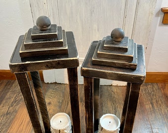 Antiqued Farmhouse Handmade Wood Candle Lanterns, Set of 2, Mantle Decor, Distressed Candle Holder, French Country Rustic Home Decor EB25