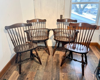 Antique Maple Spindle Back Windsor Captain Arm Side Dining Chairs, S Bent & Bros. Set of 4 EM36