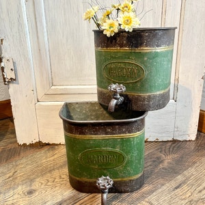 Rustic Farmhouse Metal Bucket Planters, Set of 2, Antiqued Heavy Metal Pots with Faux Faucet Spigot EA76