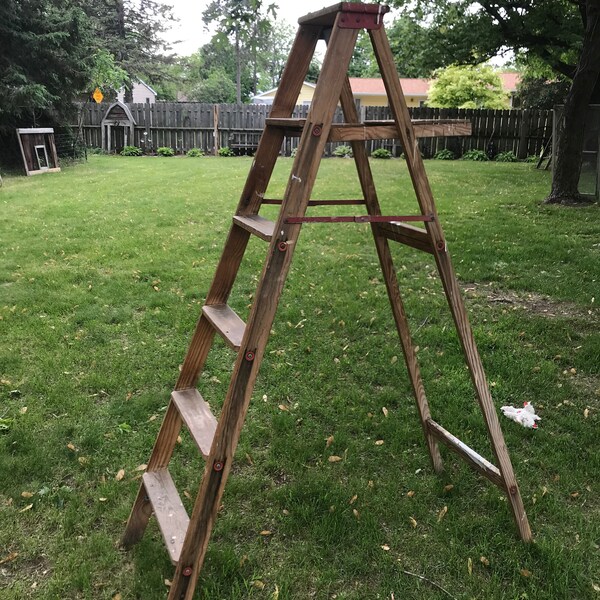 Antique Farmhouse Wood Ladder, Painter's, 5 Rung, Old, Folding, Rustic, Wedding Decor, Wood Shelving, Tall, Home Decor, Yard Art BV31