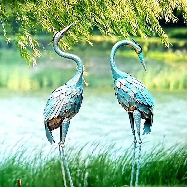 Metal Blue Heron Crane Outdoor Statues, Bird Garden Art, Yard Art Decor