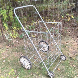 Vintage Metal Rolling Cart, Collapsible Shopping Cart, Farmhouse Laundry Basket, Storage, Laundry Organization
