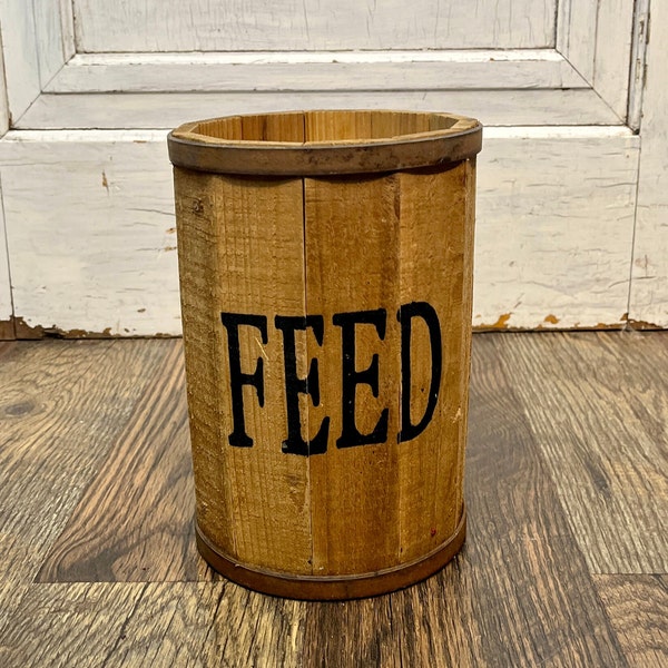 Rustic Farmhouse Wood Feed Bucket for Decor Metal Banded Planter Vase Home Decor EO69