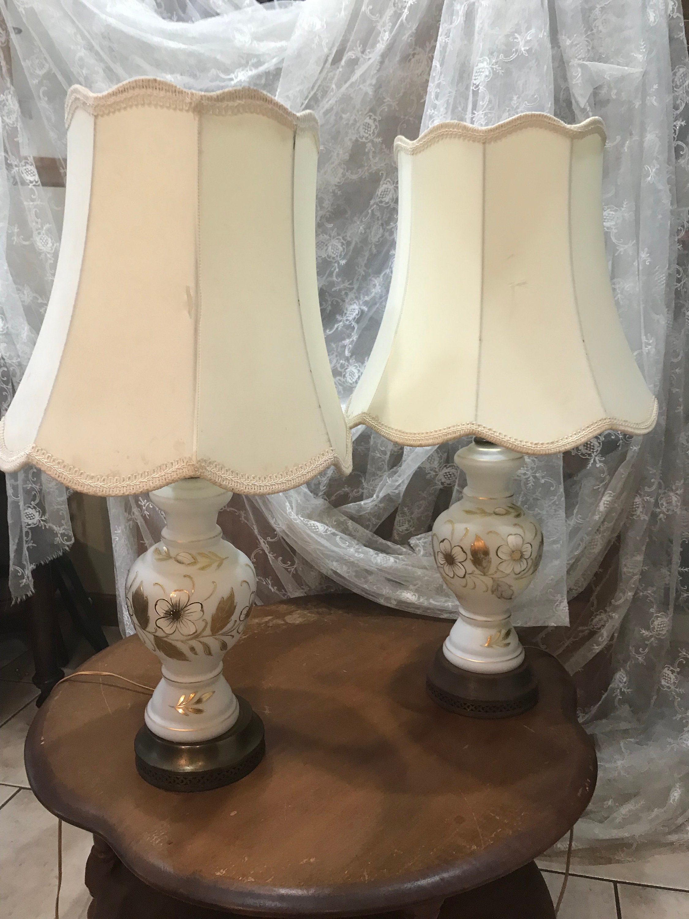 MidCentury White Ceramic Table Lamp Set of 2 Floral Motif Etsy