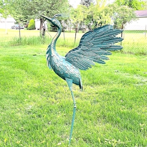 Aged Metal Heron Crane Statue Outdoor w/ Wings 42" Garden Yard Art Pond Lake Lawn Decor EQ62-C