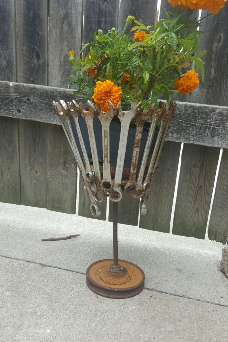 Vintage Upcycled Flower Pot Garden Decor Metal Art Garden Etsy