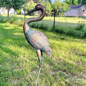 Large Metal Crane Heron Outdoor Statue Rustic Bird Garden Art Stake Yard Lawn Decor 36" ER25