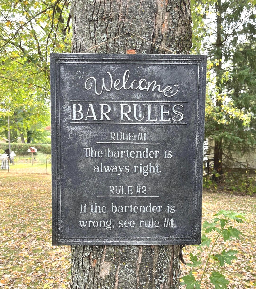 Antiqued Bar Sign, Bar Rules Metal Embossed Basement Garage Bar Man ...