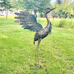 Aged Metal Heron Crane Statue Outdoor w/ Wings 41" Garden Yard Art Pond Lake Lawn Decor EQ62-CB