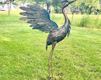 Aged Metal Heron Crane Statue Outdoor w/ Wings 41" Garden Yard Art Pond Lake Lawn Decor EQ62-CB