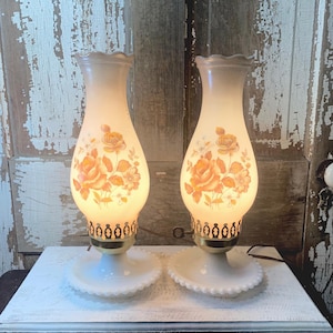 Set Antique Table Lamps, Floral Milk Glass Hurricane Table Lamps, Hobnail Accent Parlor Bedside Vintage Lighting