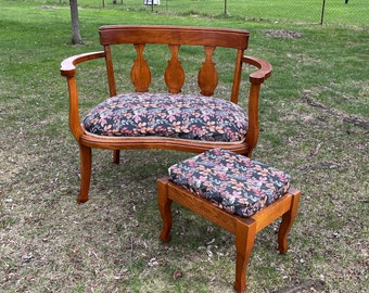 Antique Arrowback Wood Settee Sitting Upholstered Bench w/ Matching Footstool EA87