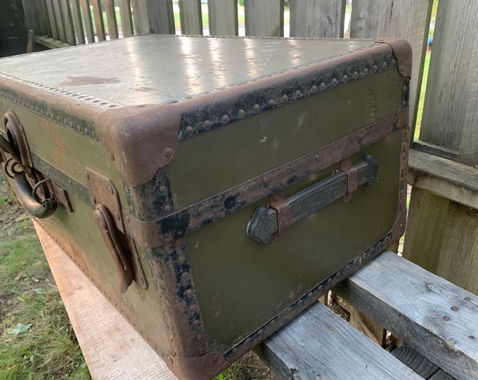 Vintage Military Storage Trunk, Metal Train Luggage, Army Foot Locker