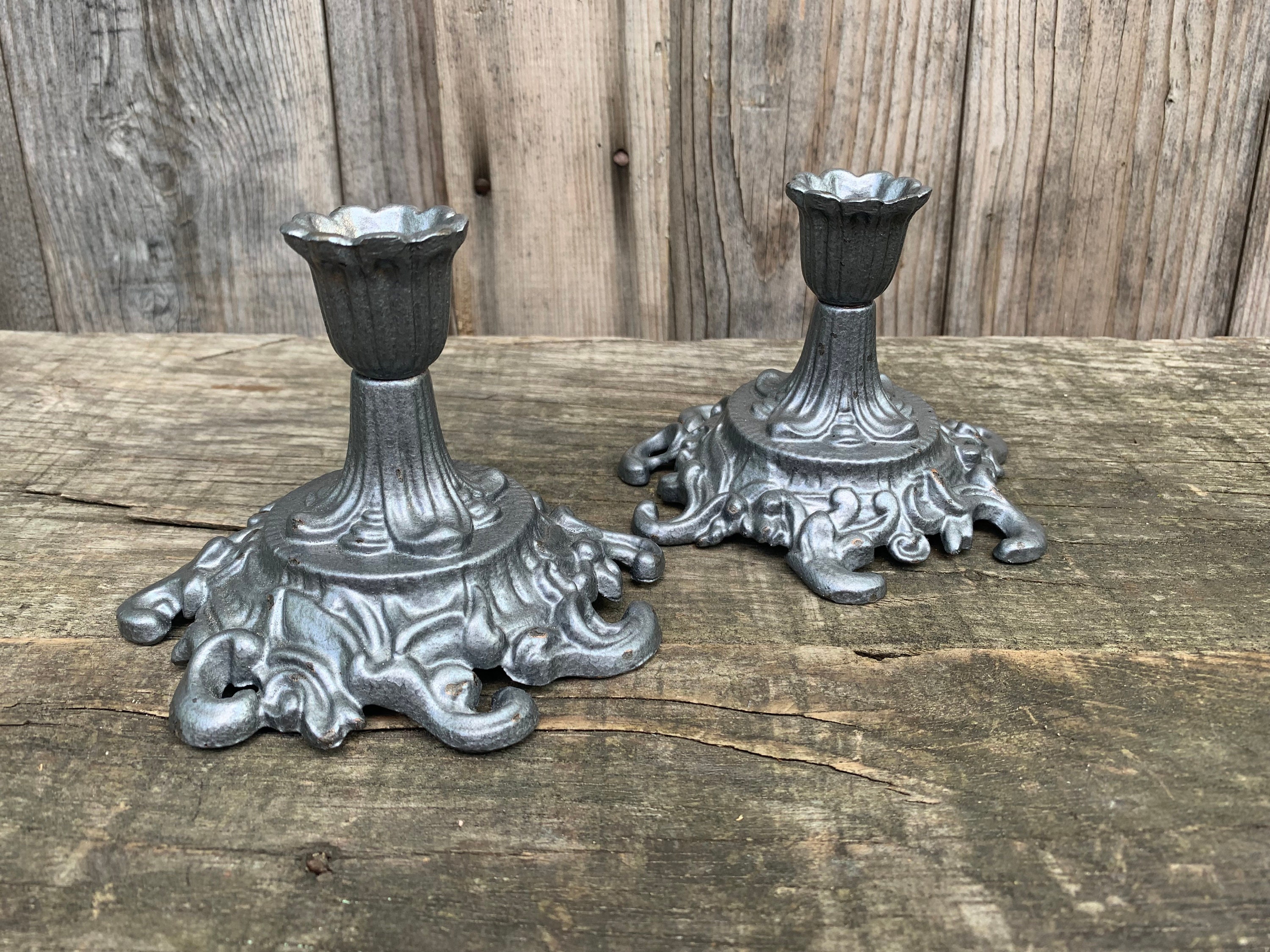 Antique Cast Iron Ornate Candlestick Candleholders Set of 2 Etsy UK