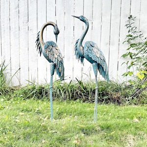 Set Blue Heron Crane Outdoor Statues Sculpture Garden Stake Yard Art Lawn Decor